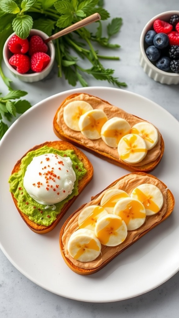 A plate of toast with avocado and poached egg, and almond butter with banana, surrounded by fresh berries.